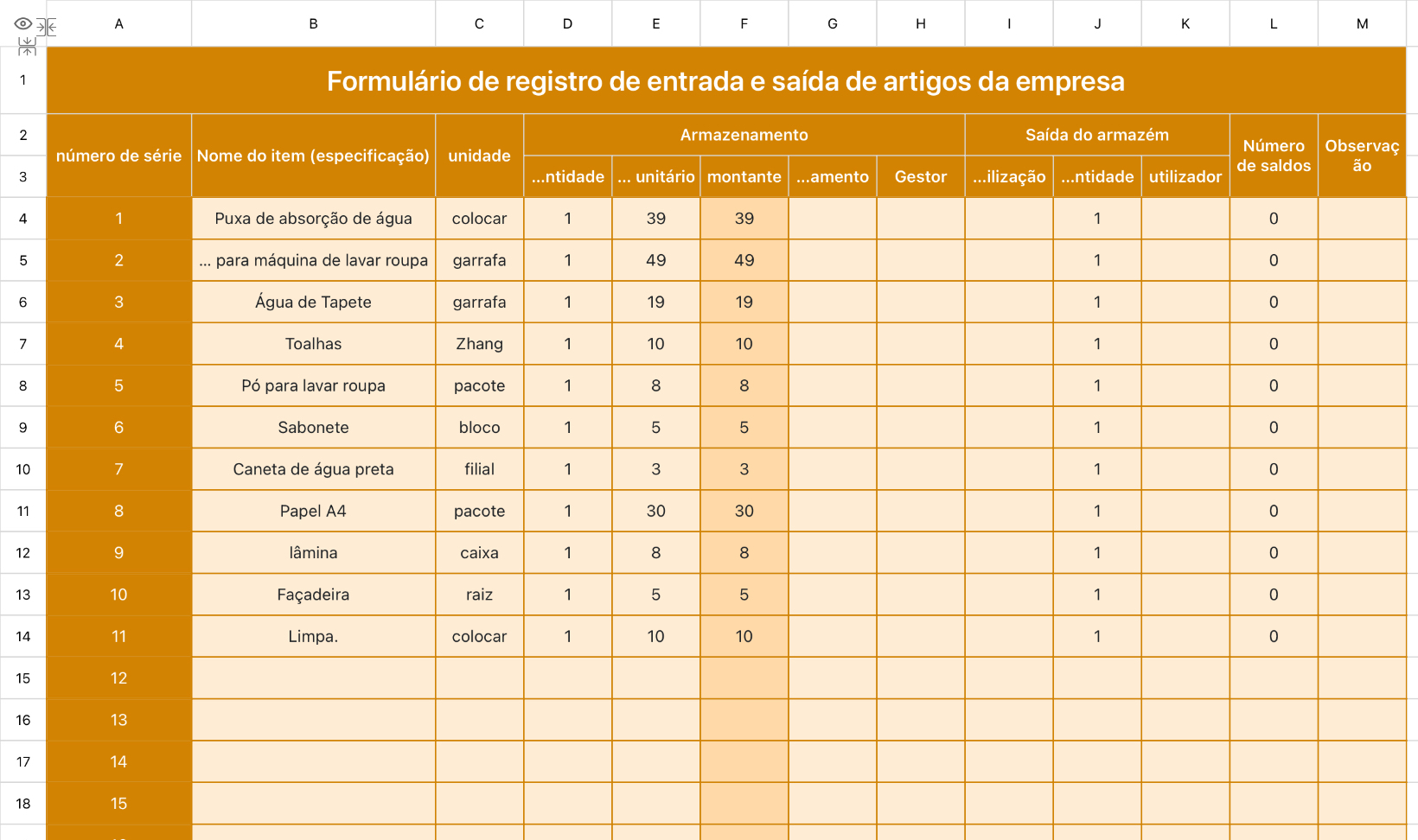 Formulário de registro de entrada e saída de artigos da empresa